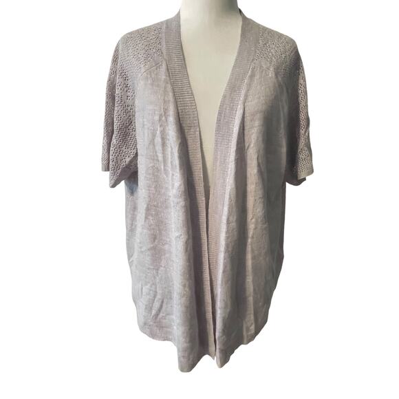Woman Within Open Cardigan Womens Size 14/16 Gray Short Sleeve Lasercut Design - Picture 1 of 8